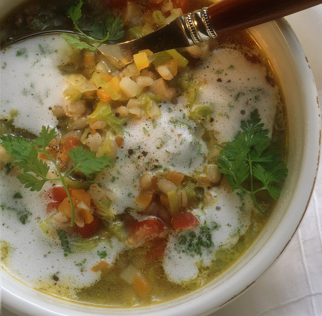 Bündner Gerstensuppe mit Gemüse & Sahne in Teller mit Löffel