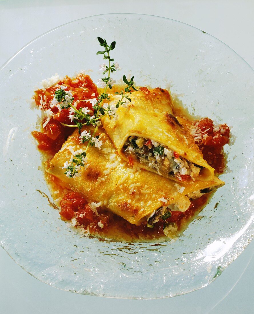 Cannelloni filled with aubergine & courgette, tomatoes & thyme