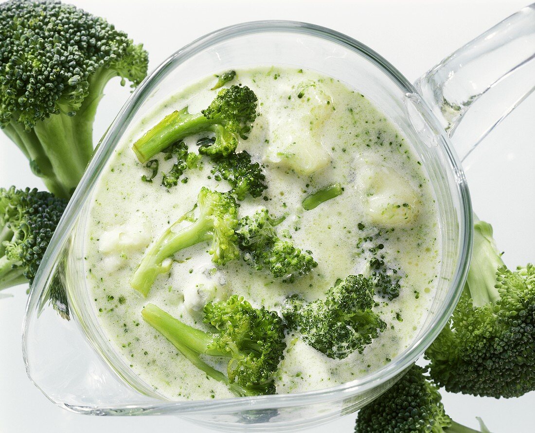Broccoli sugo with blue cheese in glass jug