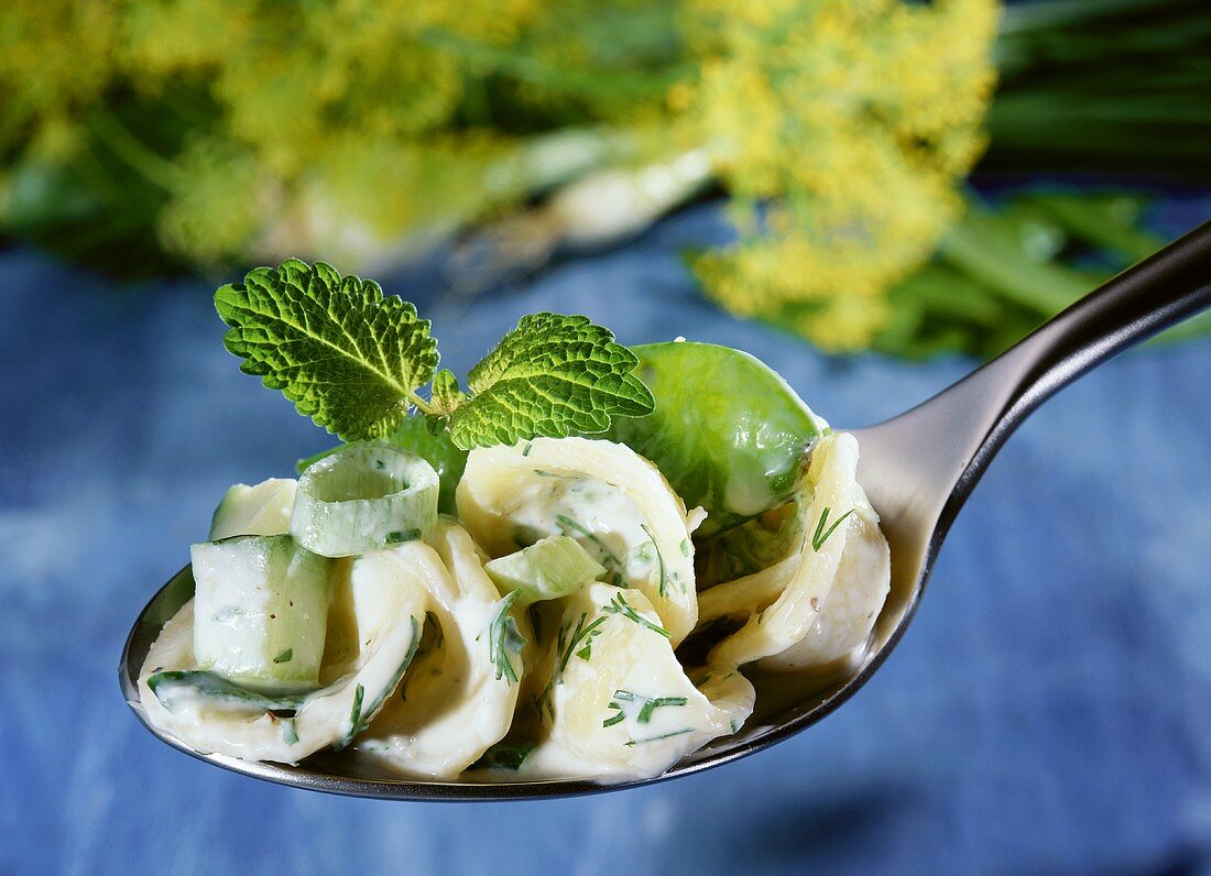 Spoonful of green & white pasta salad with cucumber & balm