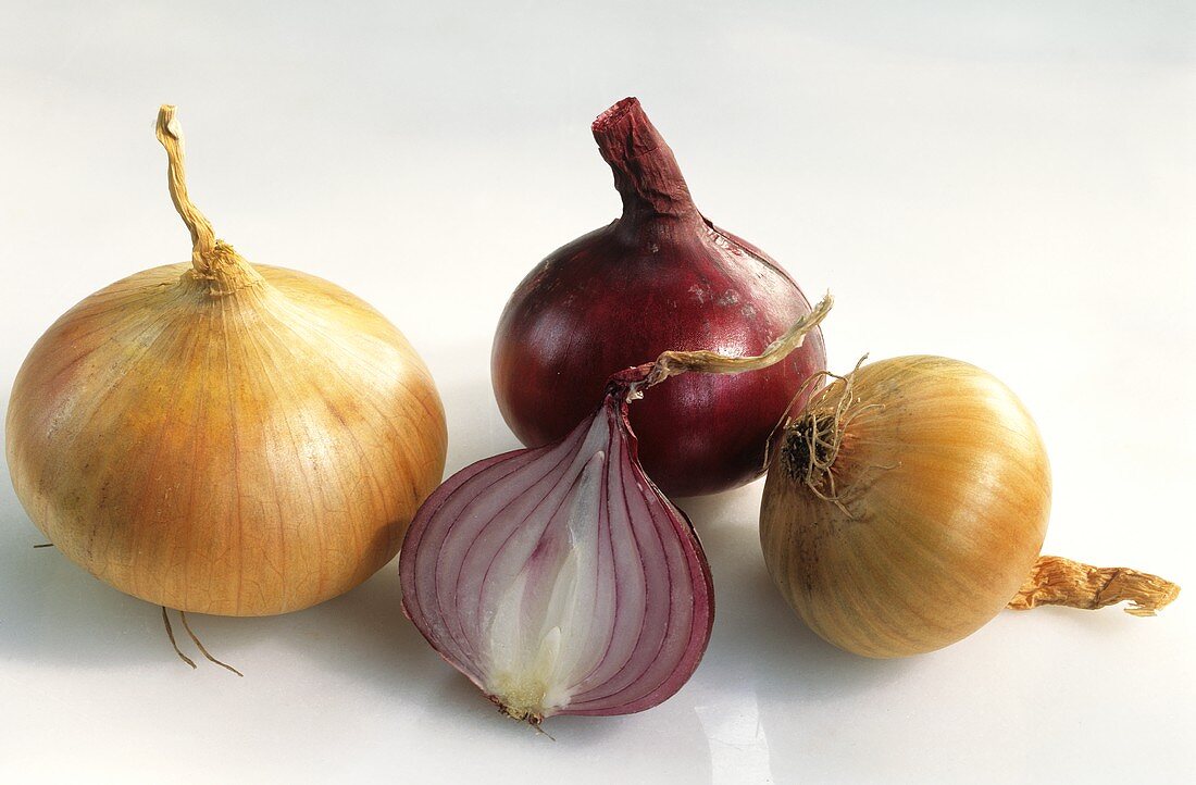 Yellow, brown and red onions