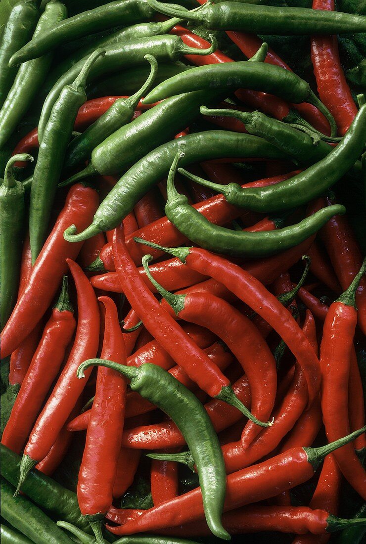 Many red and green chili peppers