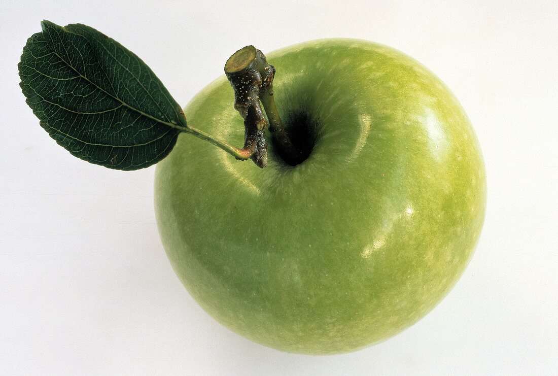 Ein grüner Apfel (Granny Smith) mit Stiel & Blatt