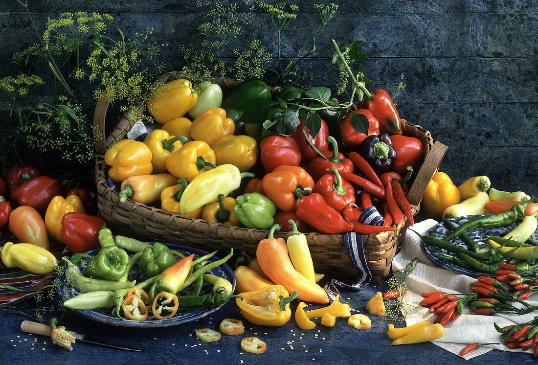 Still life with various types of peppers & chili peppers