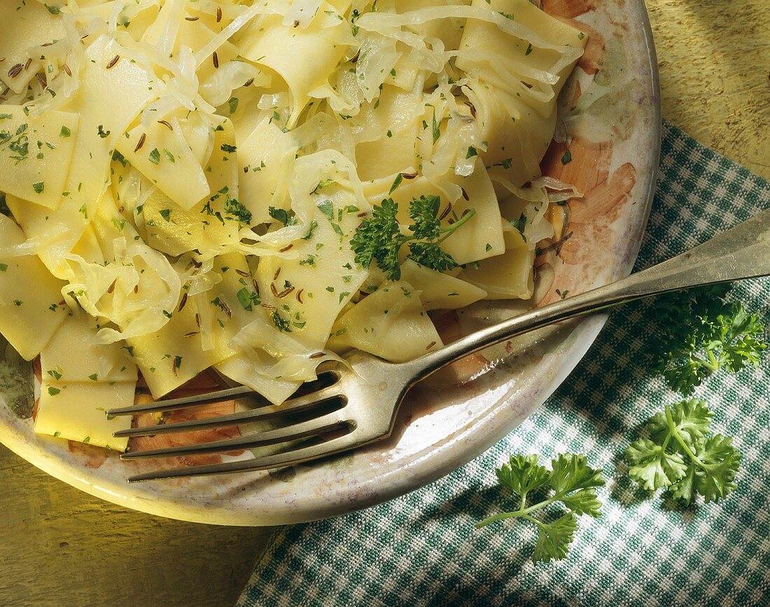 Pasta with cabbage (Krautfleckerl), caraway & parsley