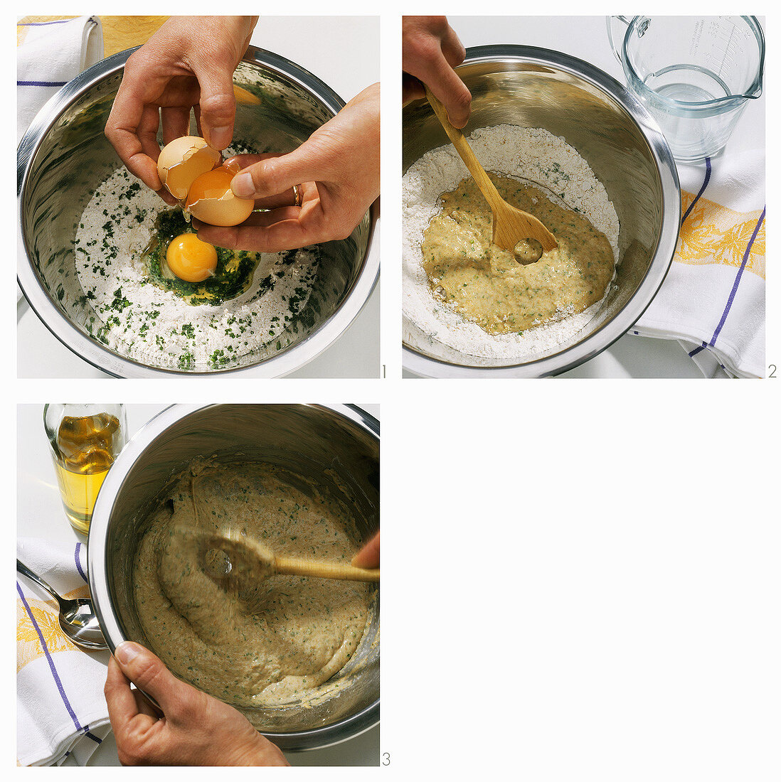 Making herb noodles (spaetzle) (mixing the dough)