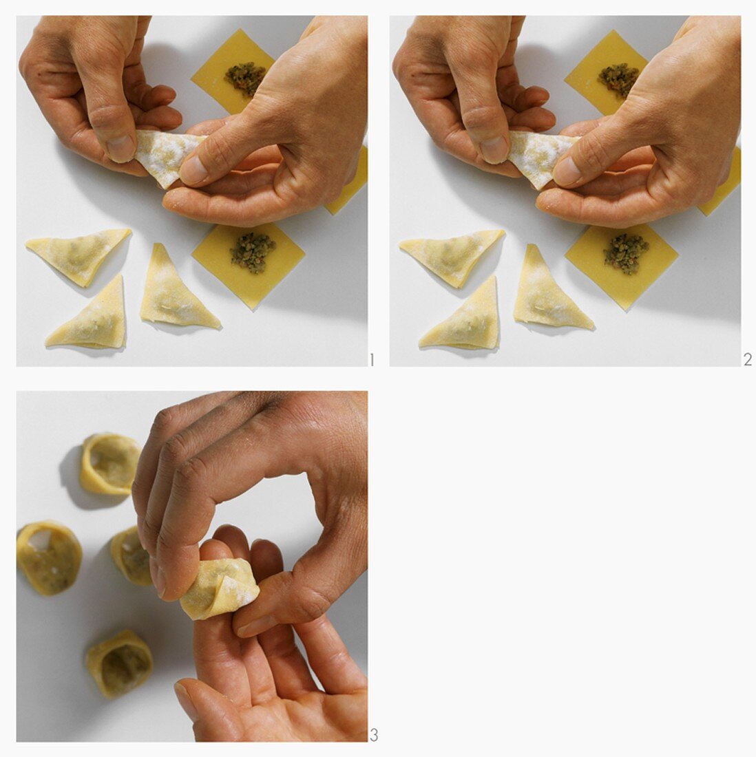 Making tortellini with meat filling