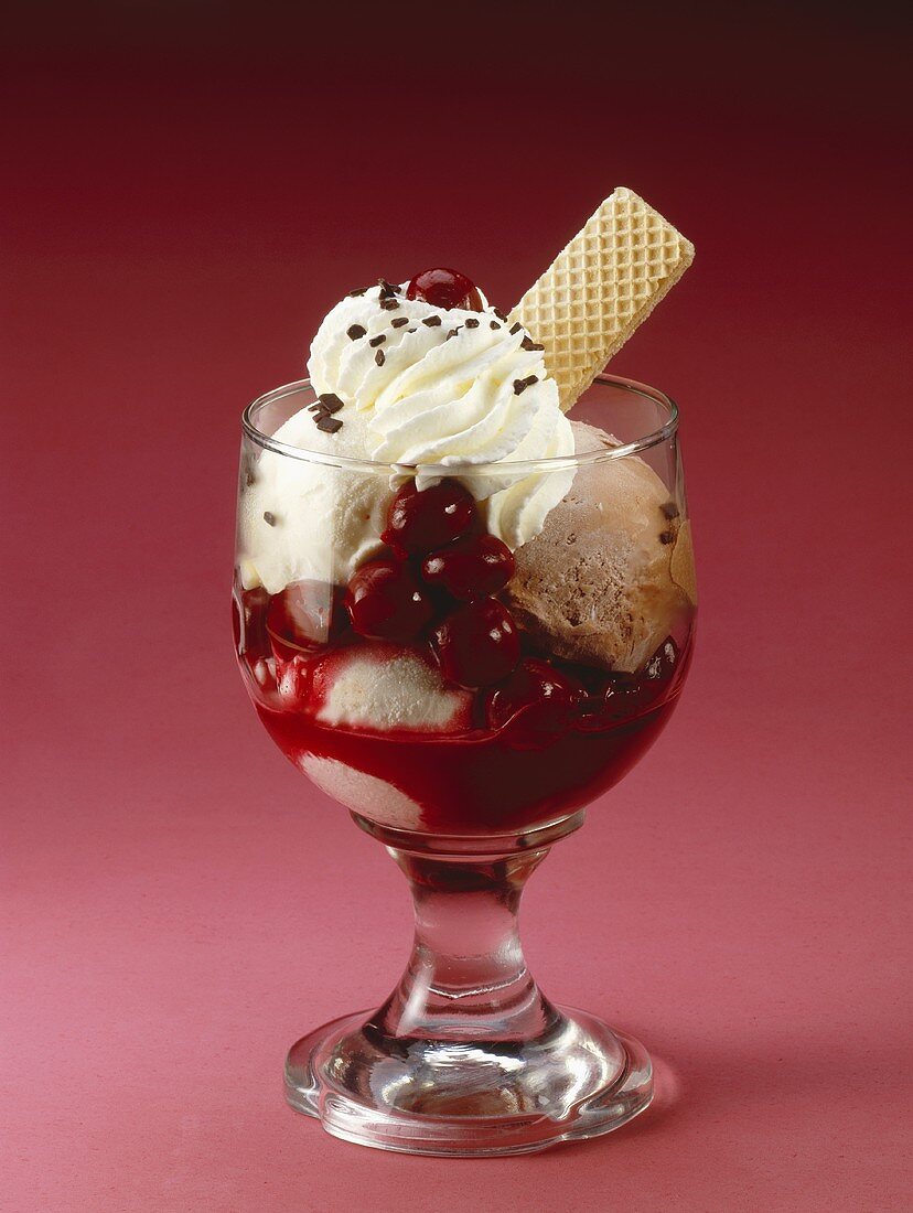 Black Forest sundae (ice cream with cherries & cream)