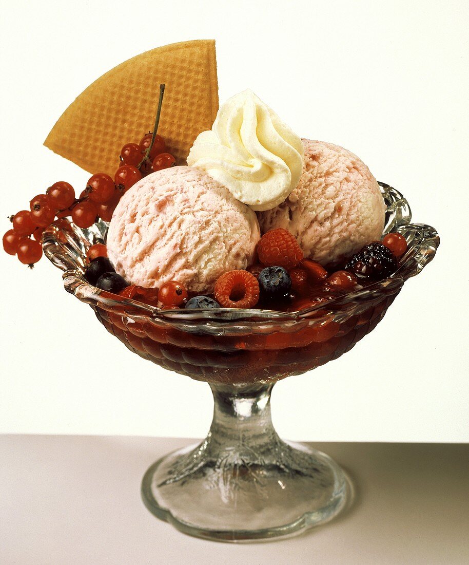 Ice Cream with Assorted Berries and Whipped Cream