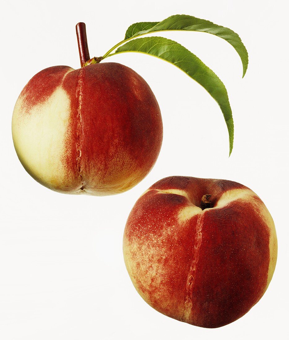 Zwei Pfirsiche, einer davon mit Blättern