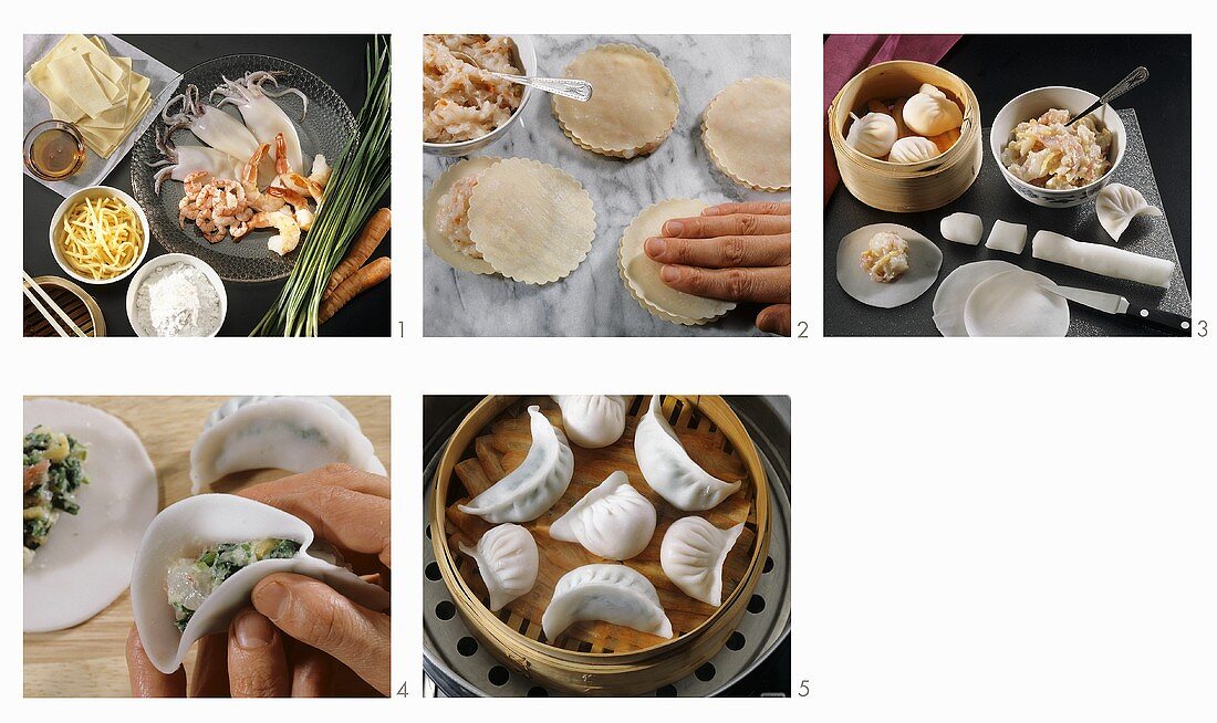 Dim Sum-Teigtäschchen mit verschiedenen Füllungen zubereiten