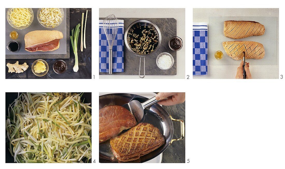 Entenbrust auf japanische Art mit Sprossengemüse zubereiten