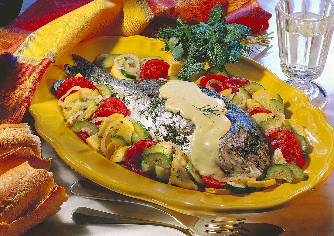 Dentex with mustard sauce and courgettes & tomatoes