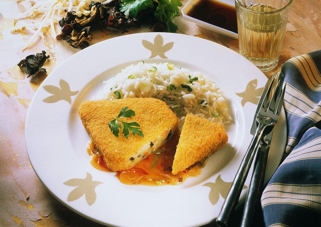 Chinese vegetable escalope with vegetable sauce and onion rice