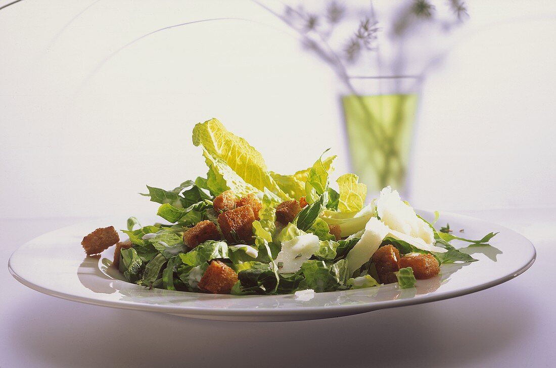 Caesar Salad mit Croûtons & Parmesan auf Teller