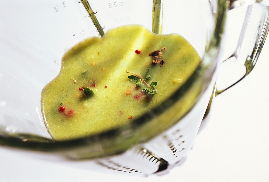 Vichyssoise (cold potato & leek soup) in glass measuring jug