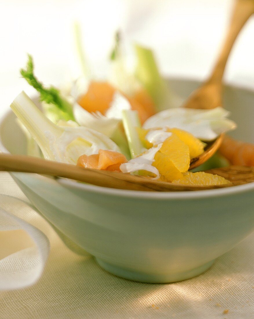 Fennel salad with salmon & orange segments in white bowl