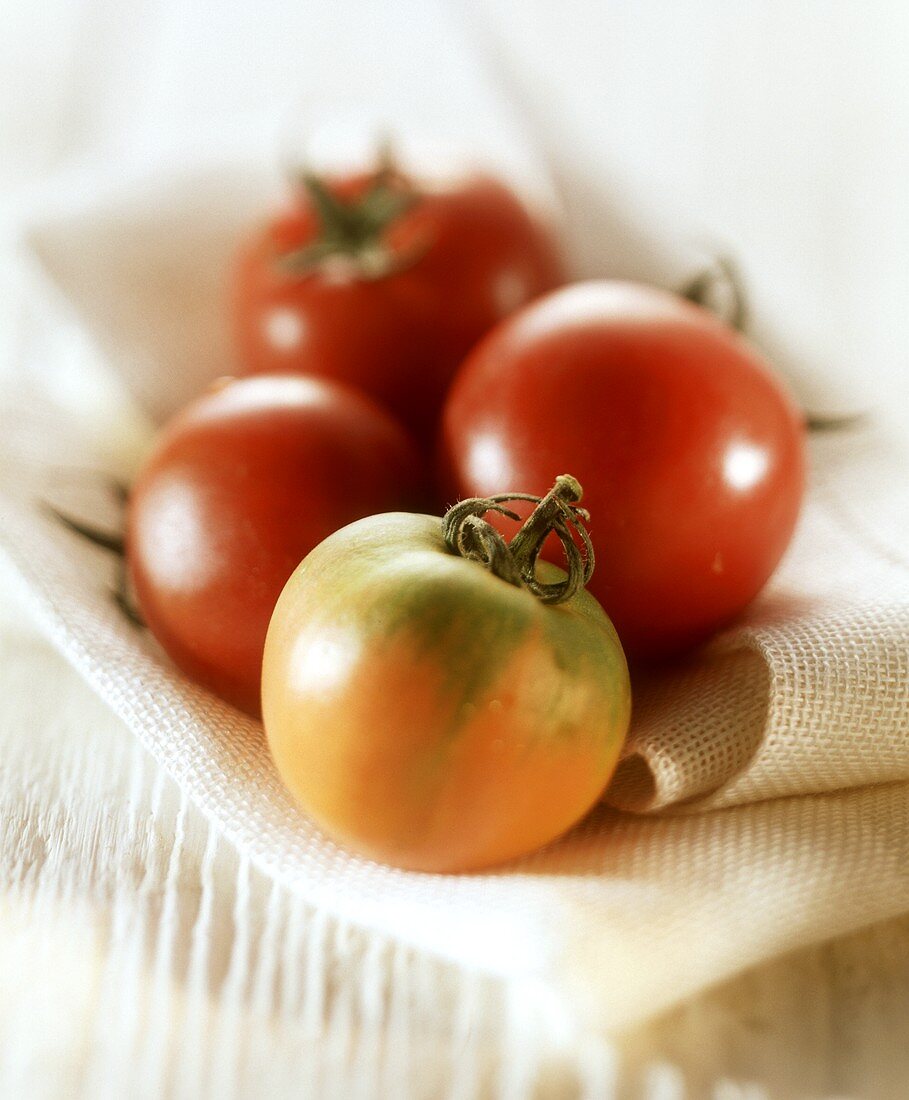 Three ripe tomatoes and one unripe one on a cloth