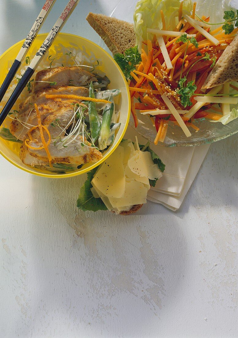 Chicken with mangetouts; carrot & pepper salad; bread & cheese