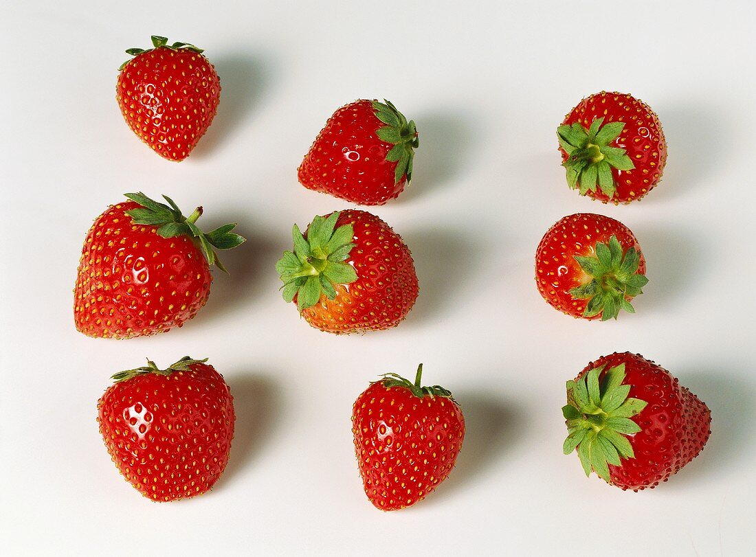 Neun Erdbeeren einzeln aufgelegt auf weißem Untergrund