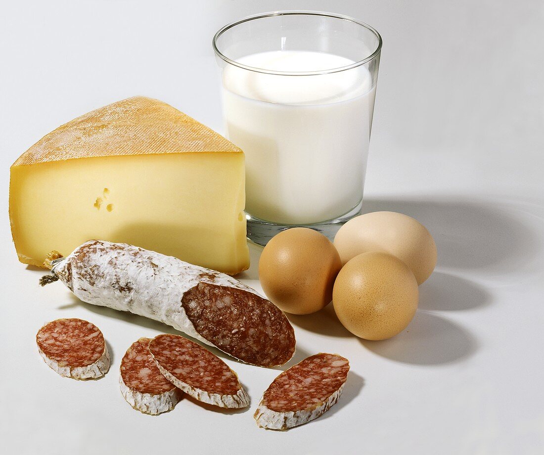 Käse, Milch, Eier und Salami (eiweisshaltige Lebensmitel)