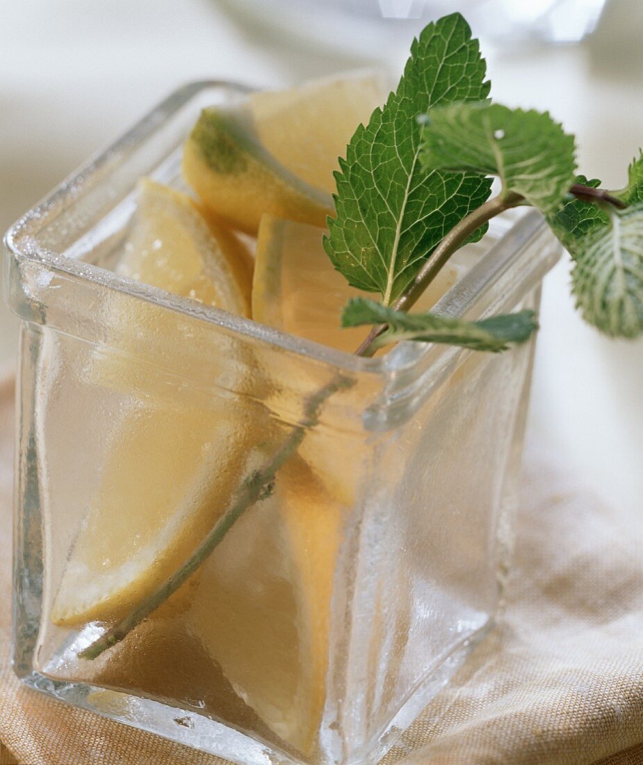 Lemon slice in a glass with sprig of lemon balm