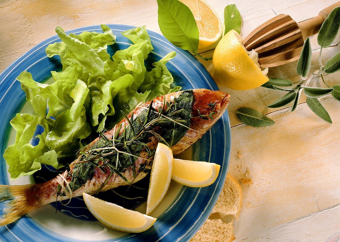 Barbecued red mullet with sage, rosemary, lemons and lettuce