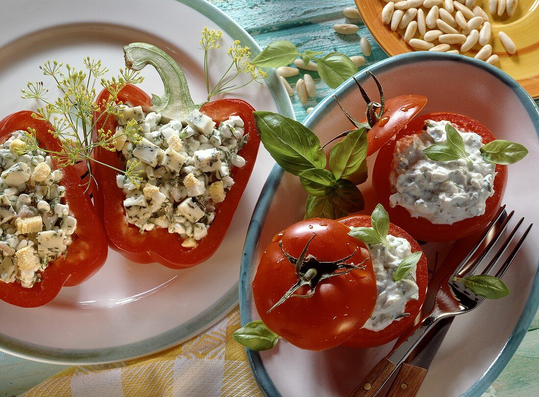 Stuffed peppers; stuffed tomatoes with herb ricotta