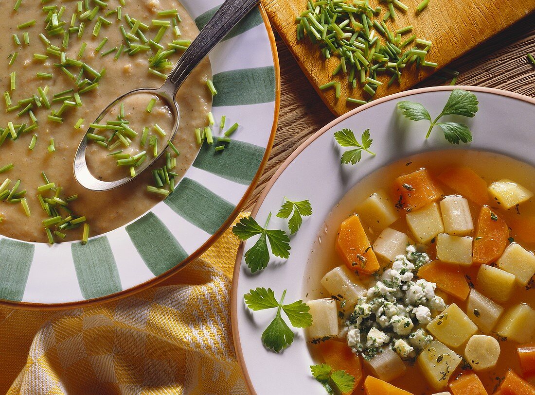 Pretzel soup with chives; vegetable soup with soft cheese