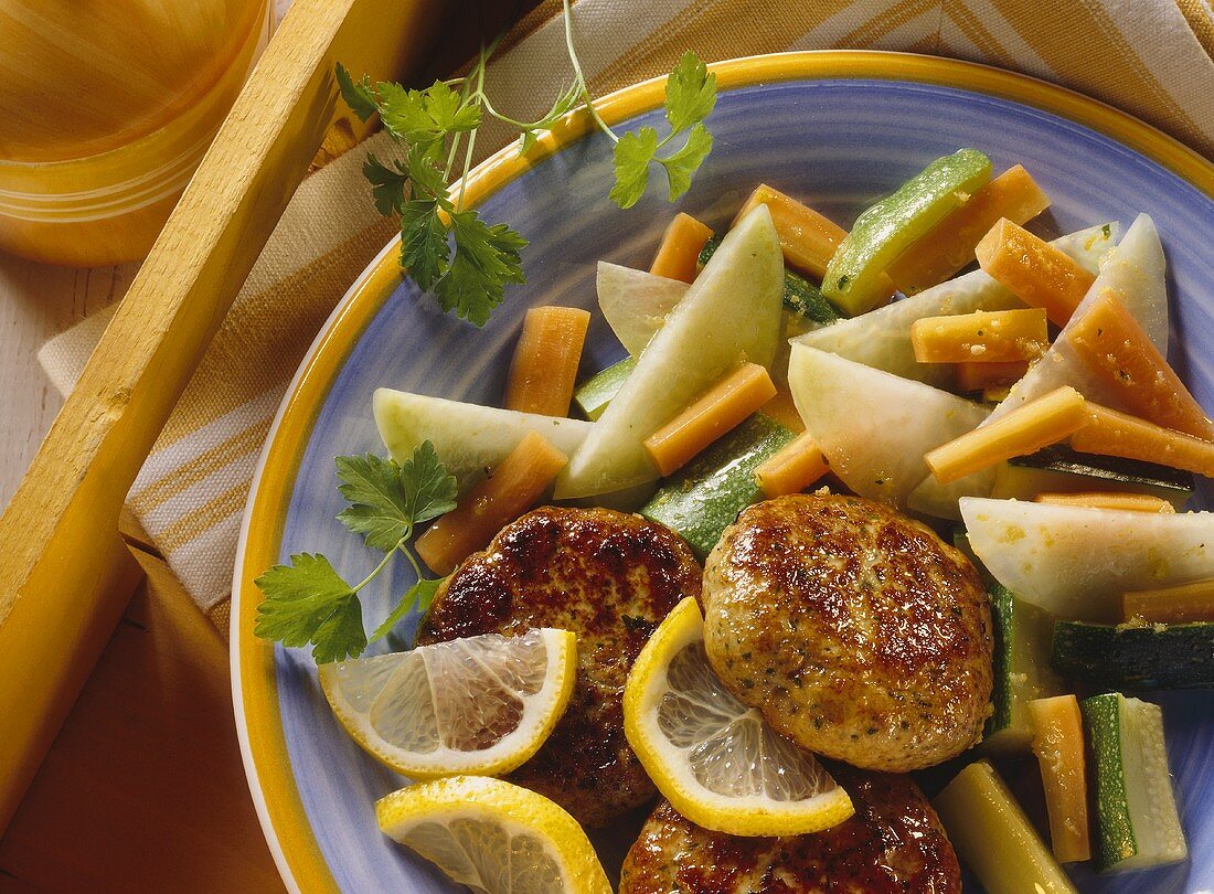 Turkey frikadellas with marinated vegetables & lemon