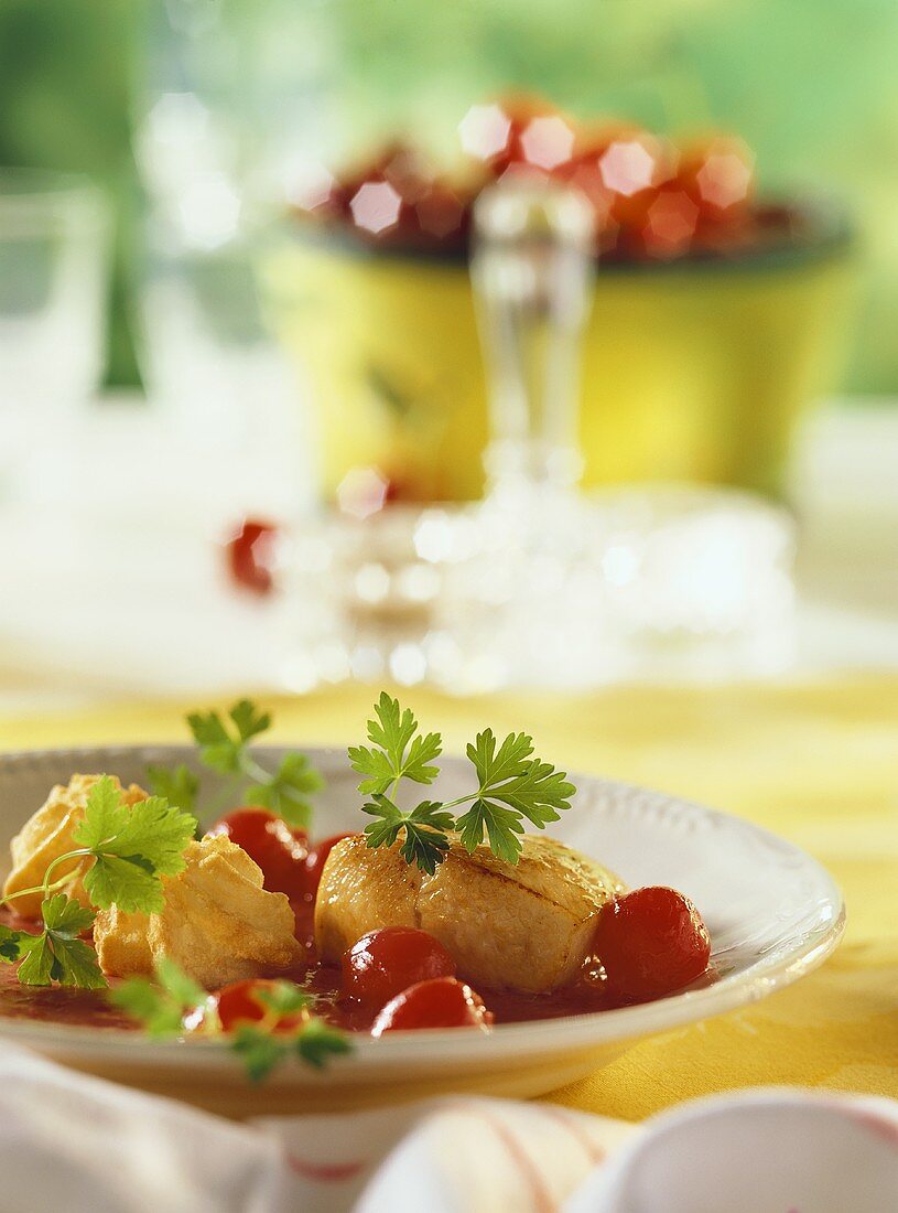 Turkey medallions with cherry sauce and potato crowns