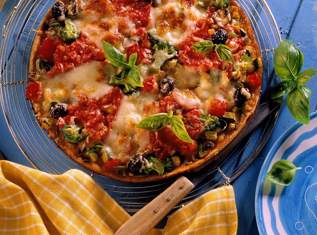 Gemüsepizza mit Brokkoli, Oliven, Tomaten & Mozzarella