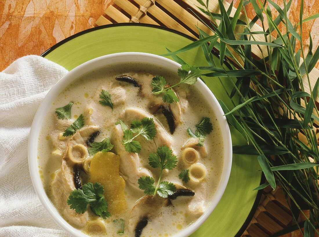 Thai chicken and coconut soup with mushrooms, lemon peel