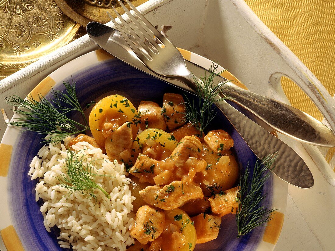 Turkey ragout with apricots, dill and rice