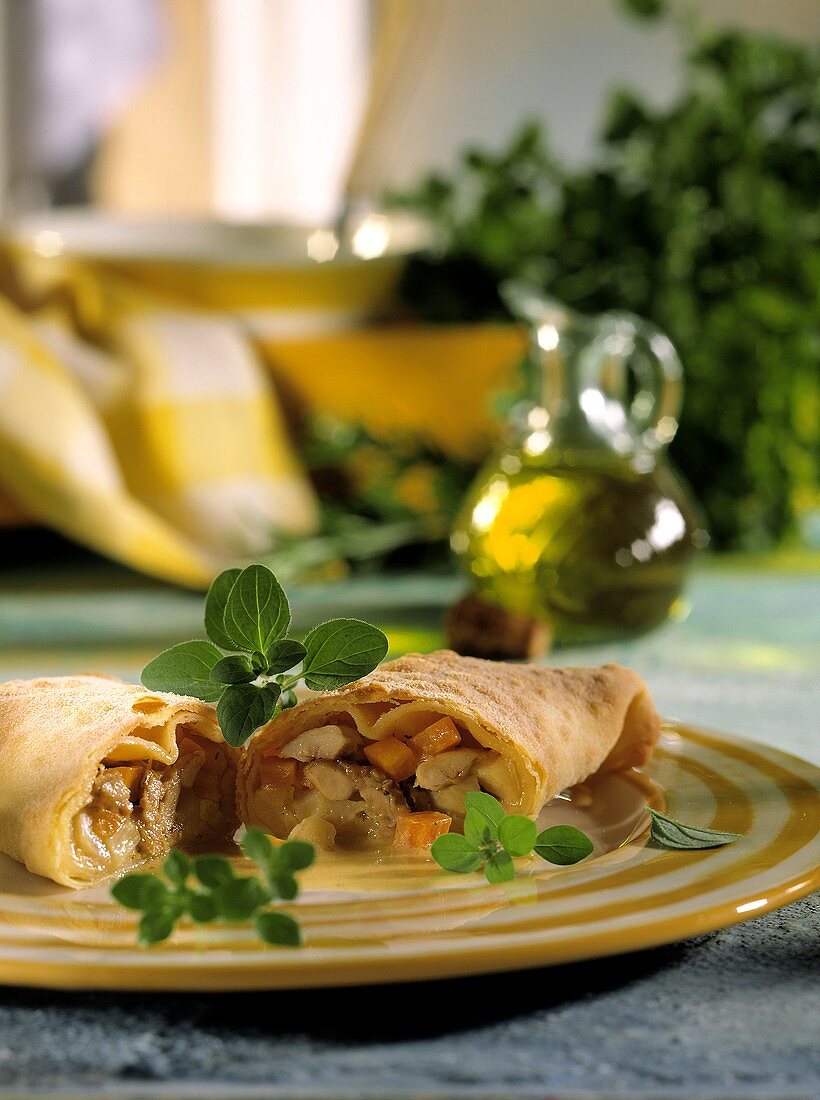 Rabbit ragout with carrots and celery in strudel pastry
