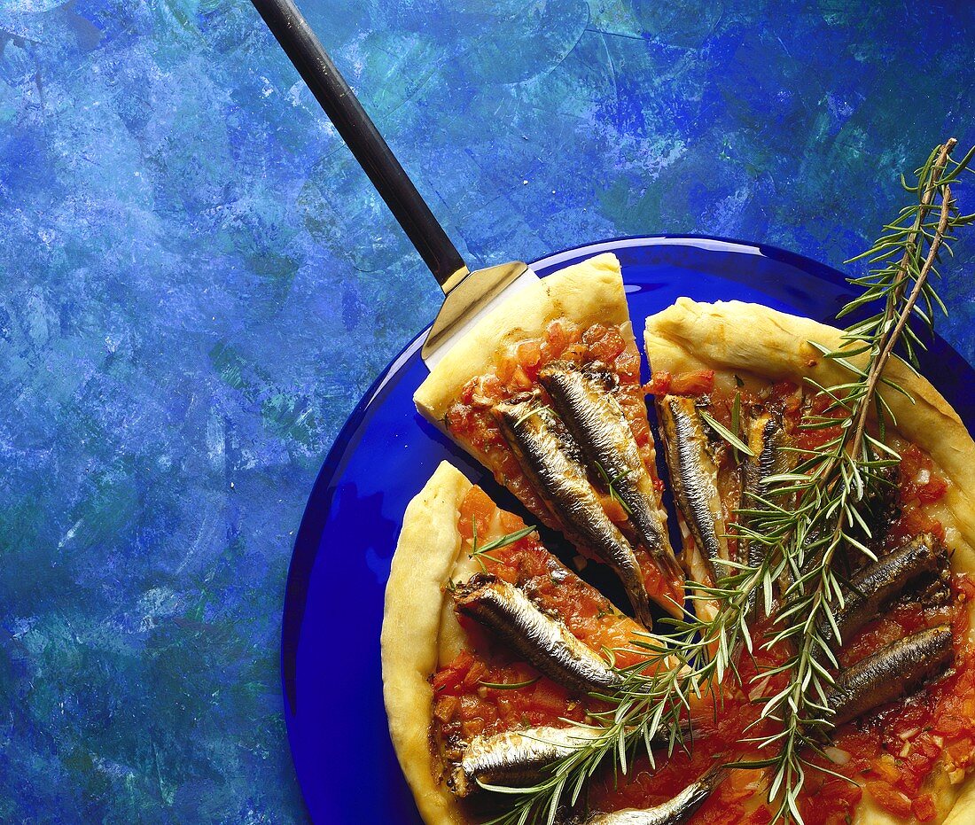 Pizza mit Sardinen & Rosmarinzweigen auf blauem Teller