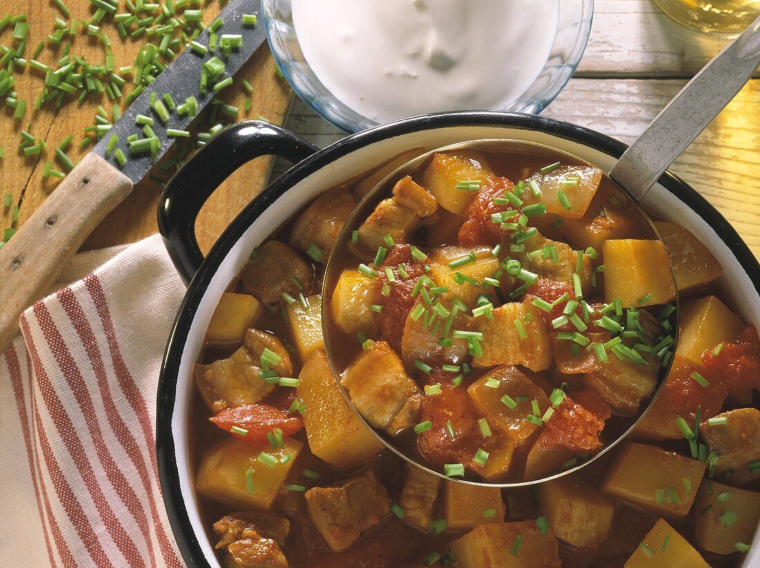 Hungarian potato goulash in pot and on ladle