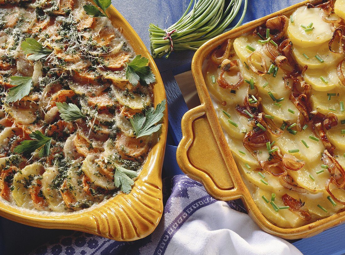 Potato and shallot gratin & potato and carrot gratin