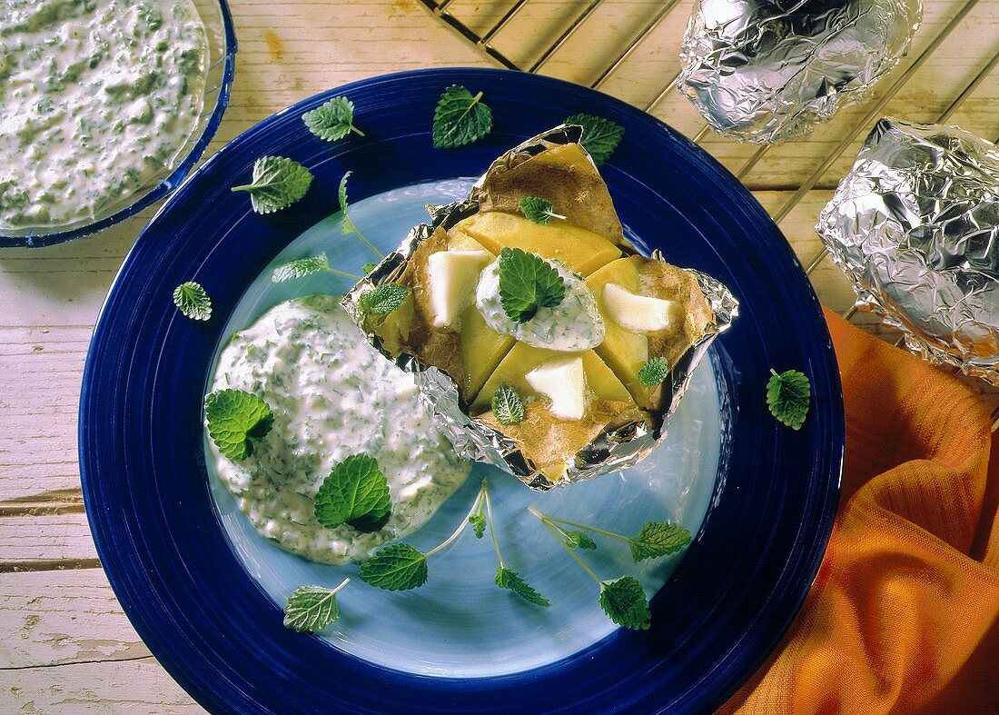 Baked potatoes with herb dip