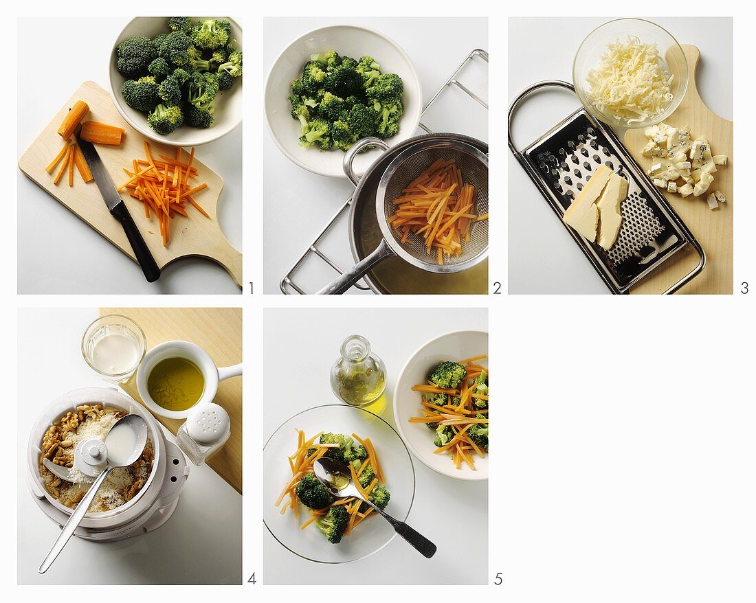 Brokkoli-Möhren-Salat mit Nuss-Sauce zubereiten