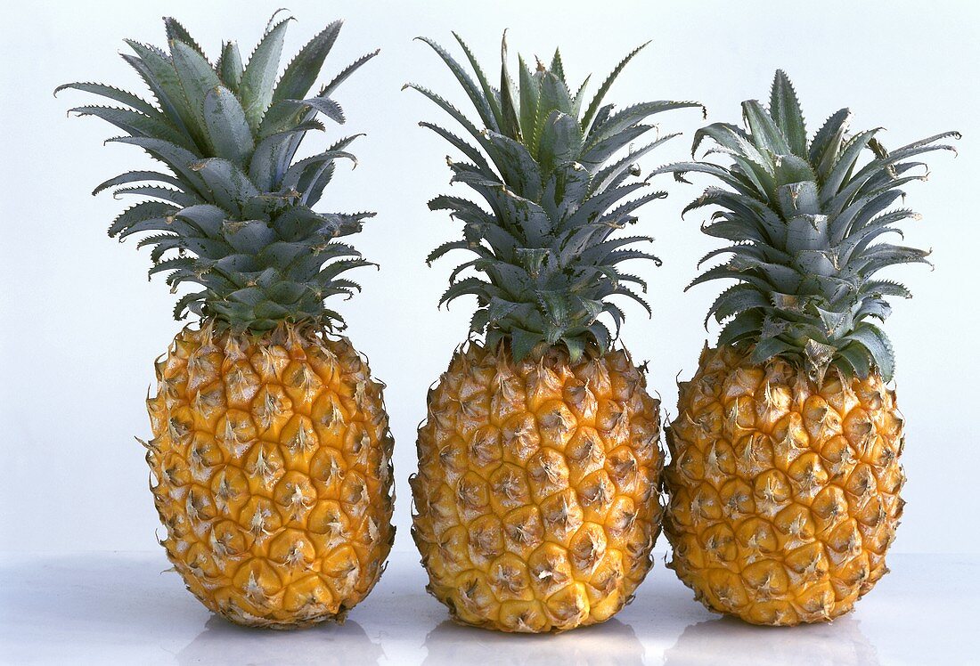 Three whole pineapples placed side by side