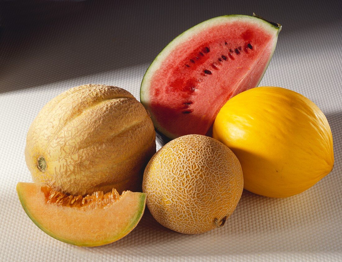 Netted melon, watermelon slice, galia melon, honeydew melon