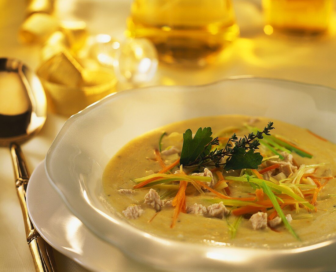 Goose giblet soup with vegetable strips & herbs on plate