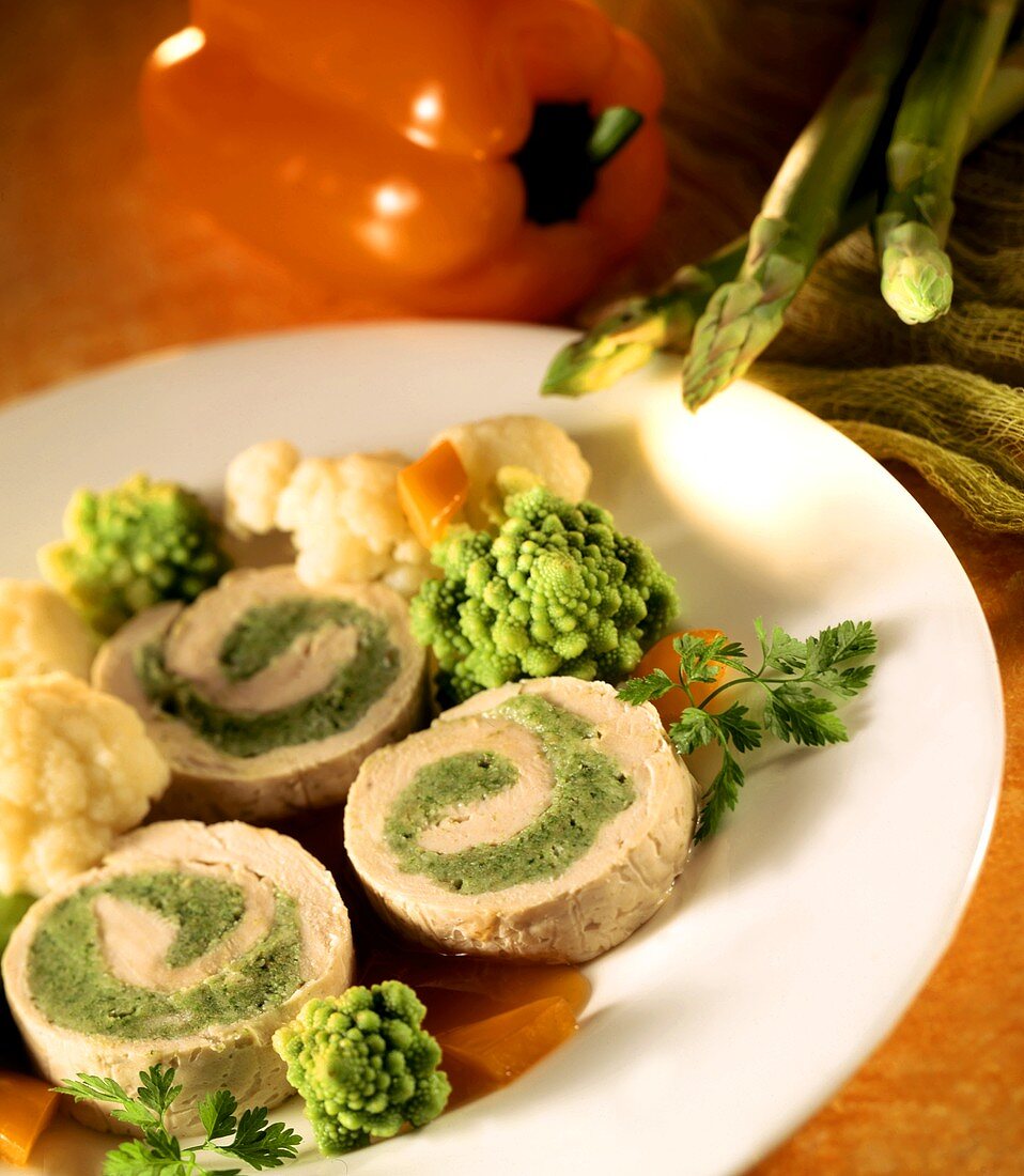 Turkey roulade with herb stuffing, romanesco & pepper sauce