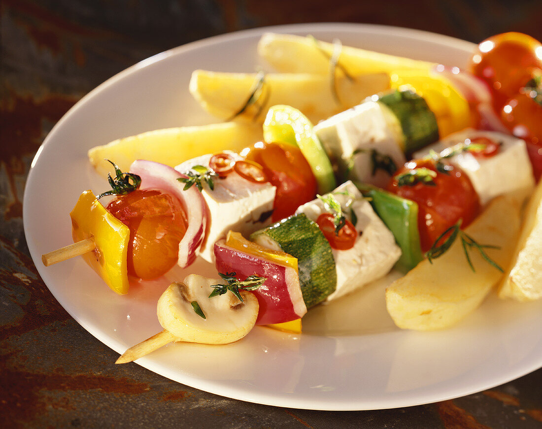 Gemüse-Tofu-Spiess mit Bratkartoffeln auf Teller