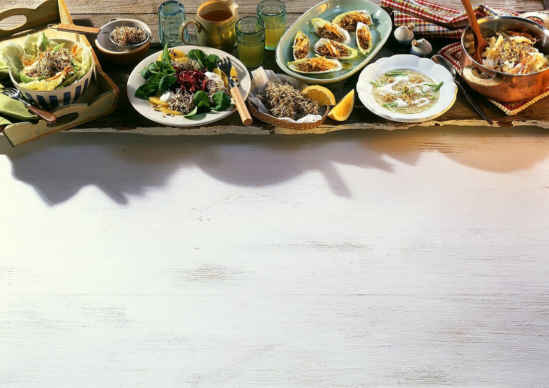 Various dishes with sprouts