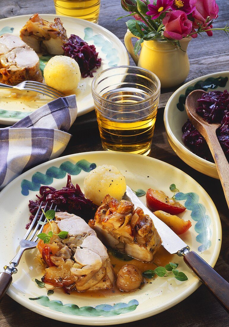 Rabbit with chestnut and apple stuffing and red cabbage