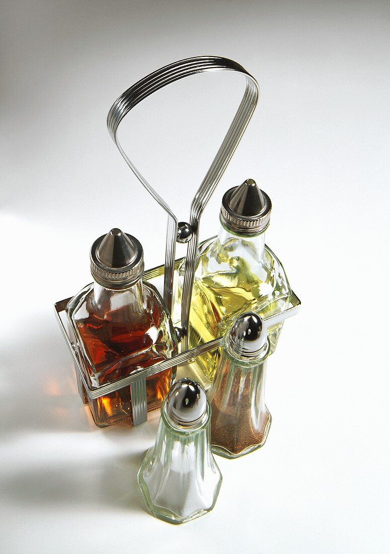 Oil and Vinegar Cruets with Salt and Pepper Shakers