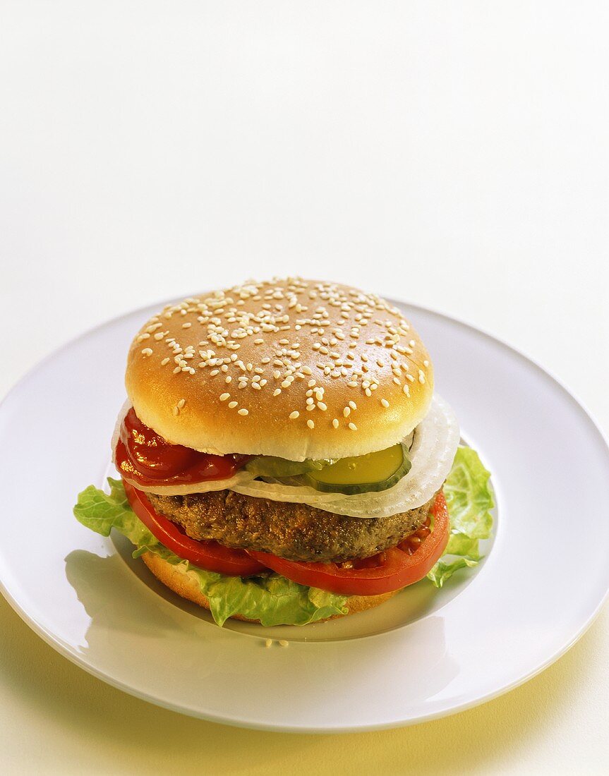 Hamburger mit Ketchup, Essiggurken, Zwiebeln etc. auf Teller