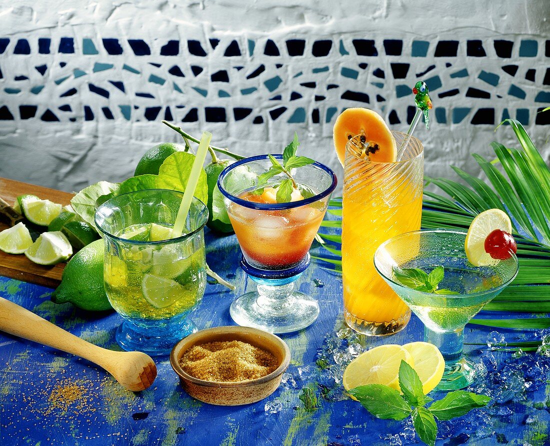 Four cocktails: Caipirinha, Tequila Sunrise, Jalapa, Acapulco